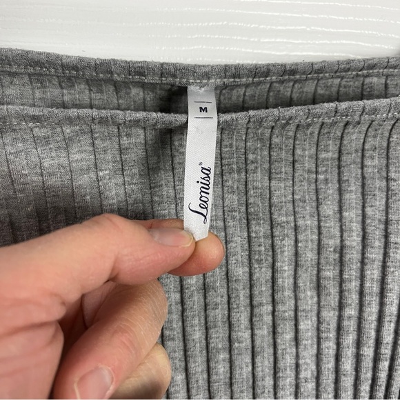 Square Neck Gray Ribbed Long Sleeve Top - Picture 3 of 3